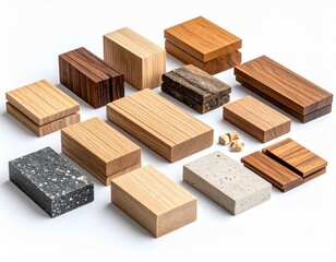 Wood and composite material sample blocks on white, revealing diverse textures and grains, ideal for architectural and interior design material selection.