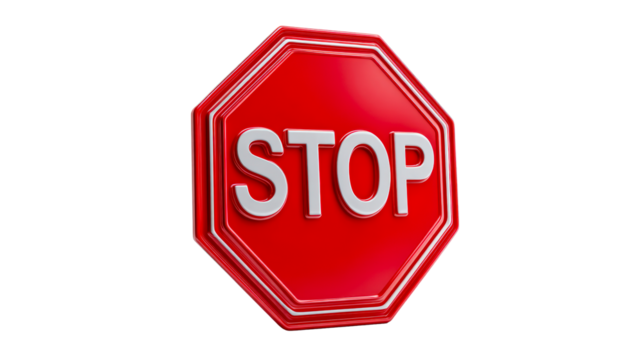 Red Octagon Stop Sign with White Text, cut out transparent