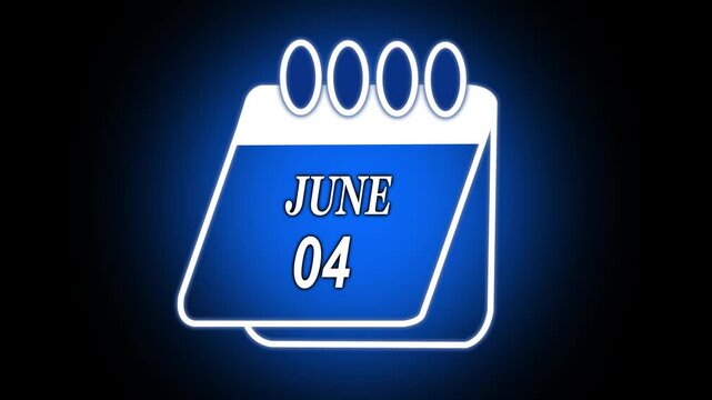 Date 04 June concept template calendar page animation concept. Calendar with the date June 04 on a black background. June Daily Calendar Icon. 4k video