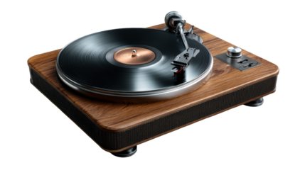 Vintage record player with spinning vinyl and wooden casing, cut out transparent