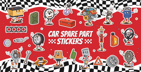Car spare parts groovy characters stickers. Vector cartoon patches of the auto components like battery, speedometer, car key, engine and spark plug. Oil filter, gasket, headlight automotive personages