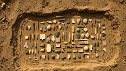Neolithic tools arranged in geometric patterns on excavated earth layers.