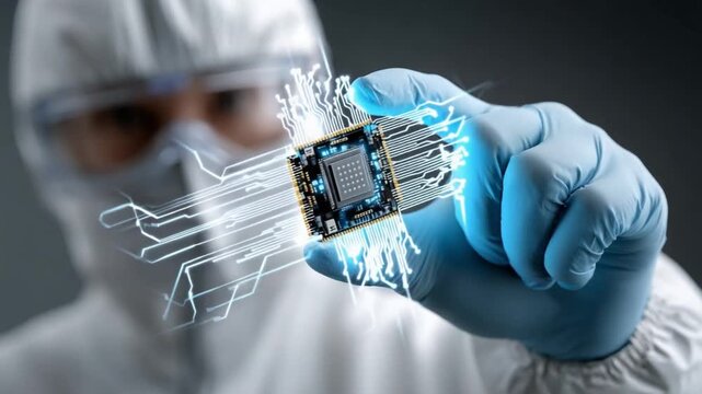 Precision in Microscopic Hands: A tech-savvy individual, adorned in sterile attire, gingerly holds a cutting-edge microchip.
