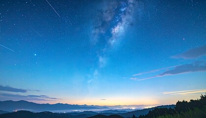 Majestic night sky filled with stars and the Milky Way, showcasing a tranquil mountain vista at dawn.