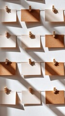 Summer travel planning concept shows Clipped notes hanging on a line, casting shadows, creating a textured visual display.