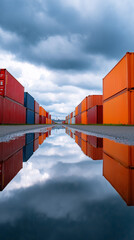Fototapeta premium Shipping containers lined up on a wet ground under a cloudy sky, reflection