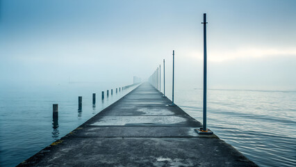 Obraz premium A surreal path of poles disappearing into the calm sea horizon with foggy atmosphere.