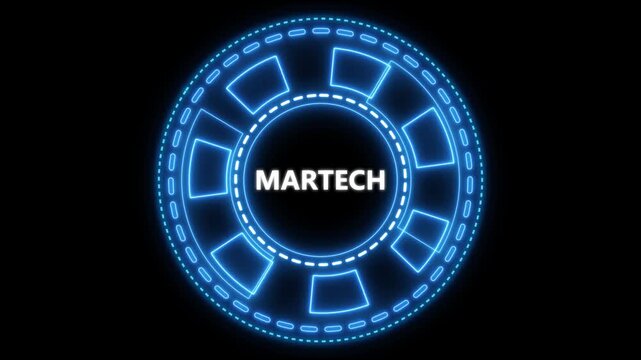 Futuristic glowing blue neon animation of the word martech on a black background