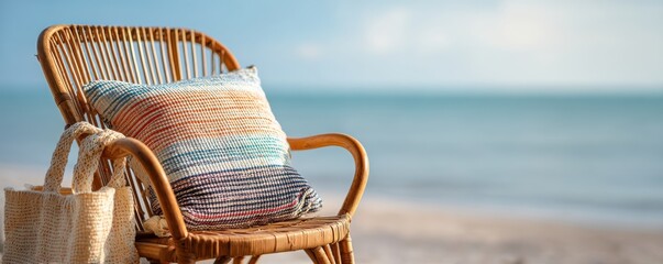 Summer travel planning concept shows A cozy wicker chair with a pillow on a beach, overlooking a serene ocean backdrop.