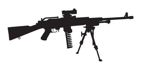 black silhouette vector of tripod mounted machine gun with bullet belt military defense design element