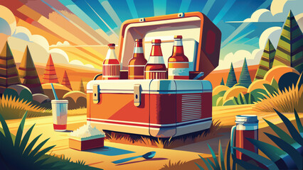 Retro Labor Day Cooler Vector Illustration. A vintage graphic of drinks on ice for a holiday party and celebration