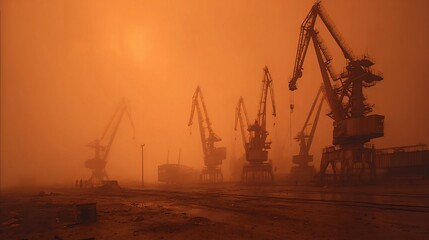 Industrial cranes stand silhouetted against a hazy, orange sky, hinting at a dusty, misty harbor scene.