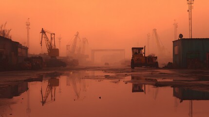 Fototapeta premium A muted industrial landscape bathed in the soft hues of a hazy sunrise, showcasing heavy machinery and reflective puddles.