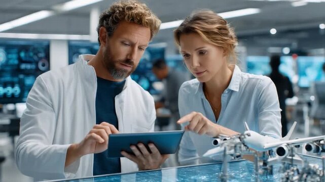 Innovation in Aviation: A pair of dedicated engineers, deeply engrossed in their work, meticulously review plans on a sleek tablet, surrounded by advanced equipment. This scene highlights precision.