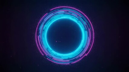 Neon glowing circular portal with futuristic blue and pink light trails in digital sci-fi cyberspace on dark background - Powered by Adobe