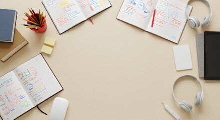 Creative Workspace with Notebooks and Study Materials Organized for Productive Learning Experience