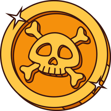 Cartoon groovy pirate golden coin with skull engraving. Isolated vector ancient doubloon, shiny yellow ducat. Fantasy treasure, fairytale object, game asset, small round piece of metal, made from gold