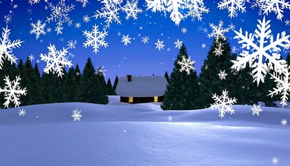 A serene winter scene depicts a cozy cabin nestled amidst snow-covered pines under a night sky filled with falling snowflakes.