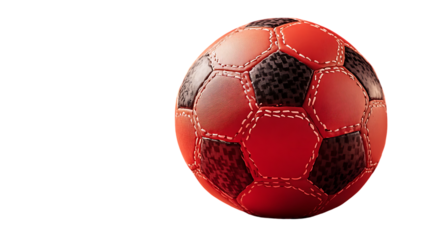 A close up of a red and black soccer ball against black background on transparent background