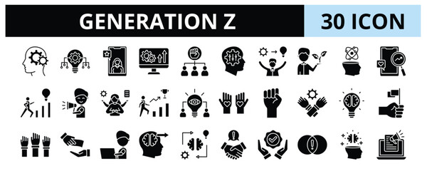 30 Generation Z Glyph Icons Vector - Influencer, Adaptive, Expressive, Trendsetter, Multitasking, Idealistic, Digital Native