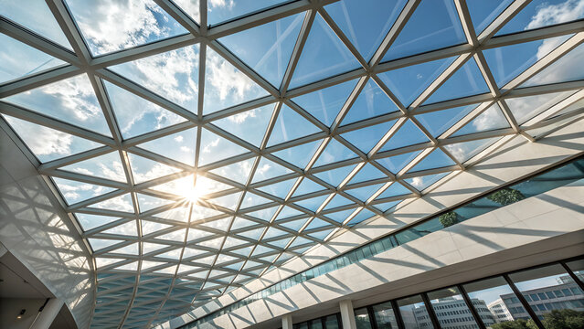 Geometric glass ceiling structure with sunlight shining through modern framework.