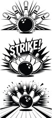 Bowling Strike Vector Set, Dynamic Ball and Pins Black and White Illustrations. © Raihan