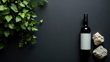 Flat lay mockup of a wine bottle with blank label, next to green leaves and stones on a dark gray surface;  digital mockup for branding design with a minimalist