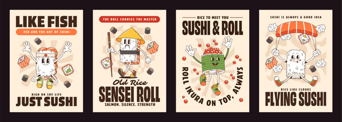 Cartoon funny groovy sushi and roll characters posters for Japanese cuisine, vector set. Retro posters with groovy sushi characters, sensei salmon roll with chopsticks, caviar and rice with happy face