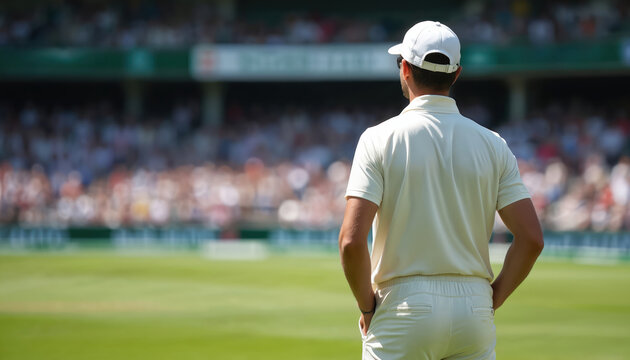 Pro cricketer in white uniform and cap stands on green field observing match. Packed stadium crowd watches intently. Summer day, intense focus on gameplay and player determination. - Powered by Adobe