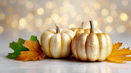 Three pumpkins with gold leaf accents sit on a table. The pumpkins are arranged in a way that they are all facing the same direction, creating a sense of unity and harmony