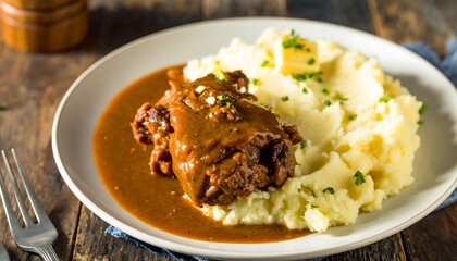 Braised meat served with mashed potatoes.
