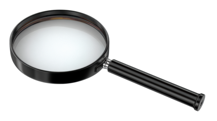 Magnifying glass with black handle and metallic rim isolated on white background, cut out transparent