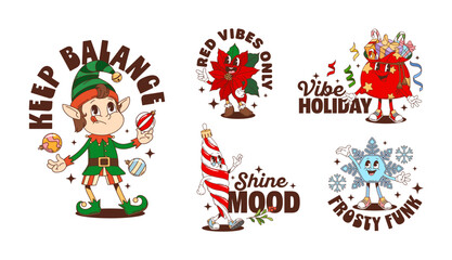 Funny Christmas groovy characters label stickers and t shirt prints featuring cute holiday elf, poinsettia, candy cane, gift sack and snowflake personages with retro typography. Vector festive decor