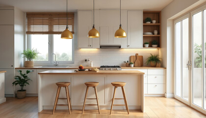 Cozy modern kitchen interior with white cabinets, wooden countertops. Features three golden pendant lights, sink, stove, breakfast bar with stools. Large window, glass doors provide natural light,