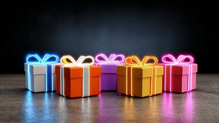 Row of brightly lit boxes with colorful bows on top. The boxes are arranged in a row and are of different colors