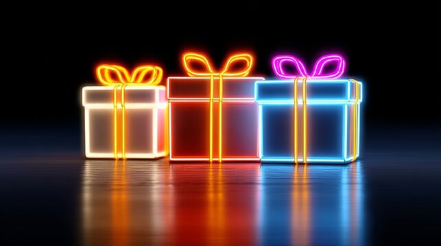 Three brightly lit boxes with colorful ribbons on top. The boxes are lit up in neon colors and are placed on a dark surface. The boxes are arranged in a row