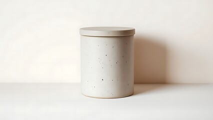 Close-up studio shot of a cylindrical ceramic jar with lid, a simple off-white mockup, perfect for digital mockup design, against a clean white background.