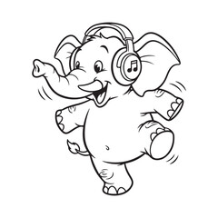 Fototapeta premium Line art of a cartoon elephant with headphone listening to the music and dancing