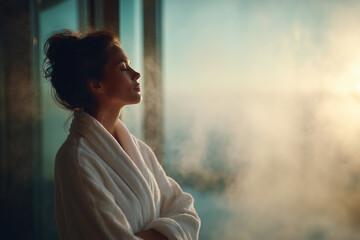 Relaxed woman in white bathrobe enjoying a peaceful moment in a steamy sauna with soft natural light