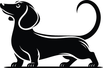 Playful Dachshund Stretching with Tail Curled – Black and White Vector Illustration