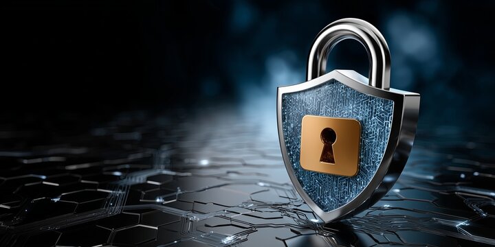  A glowing blue padlock with a keyhole symbol, set against a dark, textured background. The image conveys themes of digital security and protection.