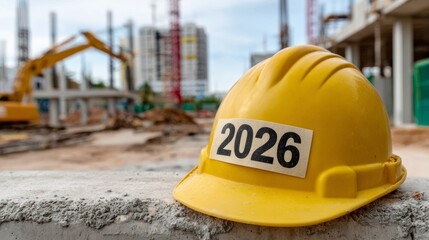 Yellow hard hat with the number 2016 on it. The image is of a construction site. The hard hat is placed on a cement wall