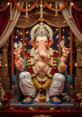 Fototapeta premium Lord Ganesha Statue Decorated with Flowers and Lights during Ganesh Chaturthi Festival.