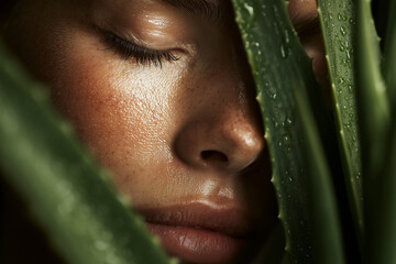 Close-up of a serene woman with glowing skin surrounded by fresh aloe vera leaves with water droplets