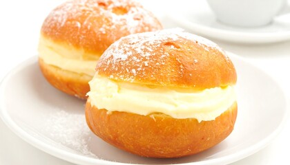 Two delicious cream-filled donuts, dusted with powdered sugar, sit on a white plate, ready to be enjoyed.