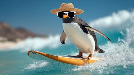 Penguin wearing sunglasses and a hat is surfing on a yellow surfboard. The image has a fun and playful mood, as the penguin is not a real animal but a cartoon character