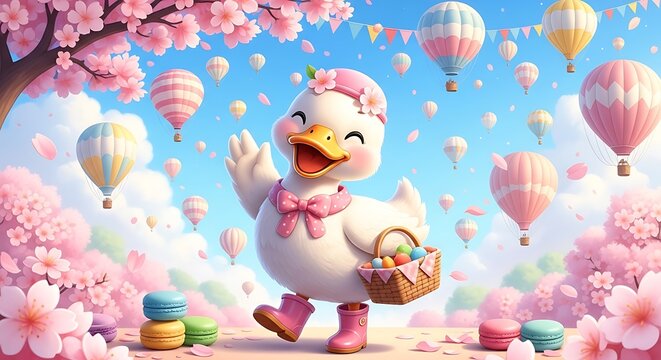 Charming duckling amidst pastel hot air balloons and blooming cherry trees backdrop