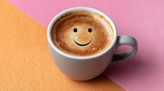 Coffee cup with a smiley face drawn on it. The cup is white and has a brown foam on top. Concept of happiness and warmth, as if the coffee is meant to bring joy to the person drinking it