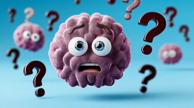 Cartoon brain with a surprised expression and a question mark on its forehead. The brain is surrounded by other cartoon brains with question marks on them. Scene is playful and lighthearted - Powered by Adobe