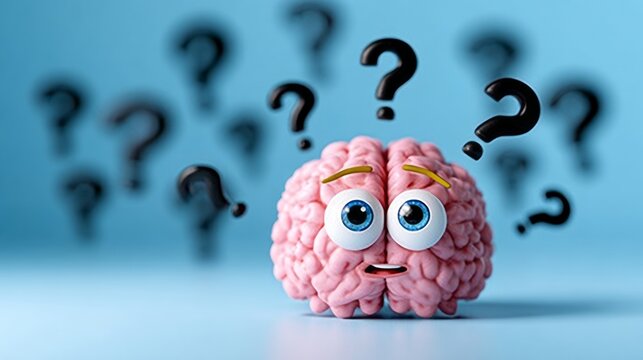 Cartoon brain with a lot of questions on it. The brain is pink and has blue eyes. The brain is looking at the camera with a surprised expression - Powered by Adobe